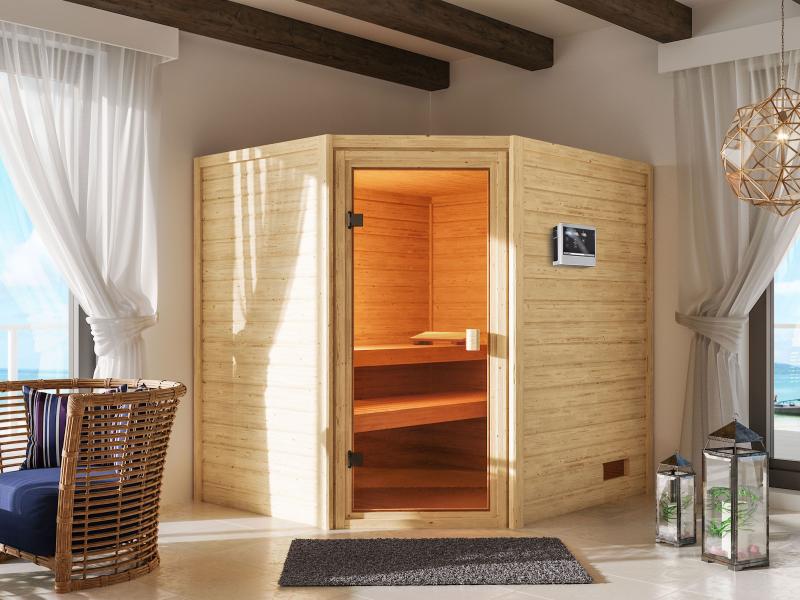 Karibu Sauna Elea inkl. 9 kW Ofen ext. Steuerung mit klassischer Saunatür -ohne Dachkranz-