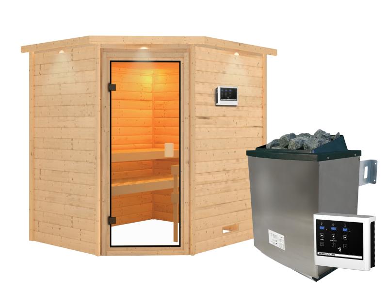 Karibu Sauna Elea inkl. 9 kW Ofen ext. Steuerung mit klassischer Saunatür -mit Dachkranz-