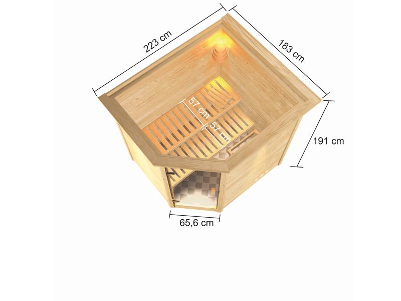 Karibu Sauna Elea inkl. 9 kW Ofen ext. Steuerung mit klassischer Saunatür -mit Dachkranz-