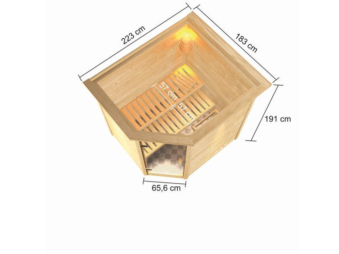 Karibu Sauna Elea inkl. 9 kW Ofen ext. Steuerung mit klassischer Saunatür -mit Dachkranz-