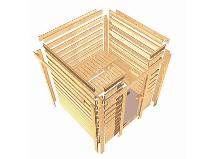 Karibu Sauna Elea inkl. 9 kW Ofen ext. Steuerung mit klassischer Saunatür -mit Dachkranz-