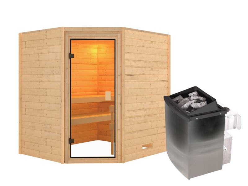 Karibu Sauna Elea inkl. 9 kW Ofen integr. Steuerung mit klassischer Saunatür -ohne Dachkranz-