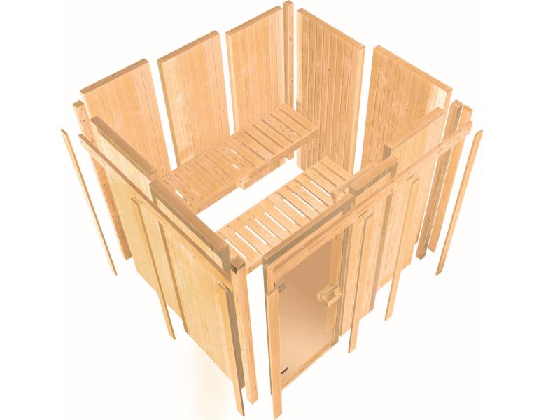 Karibu Sauna Faurin inkl. 9 kW Ofen integr. Steuerung mit klassischer Saunatür -ohne Dachkranz-