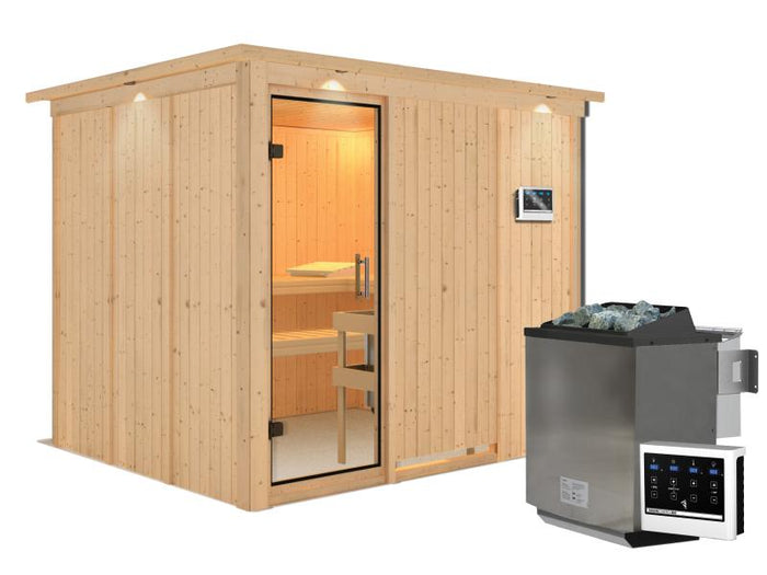 Karibu Sauna Gobin inkl. 9 kW Bio Ofen mit ext. Steuerung, mit Dachkranz, mit Klarglas Ganzglastür