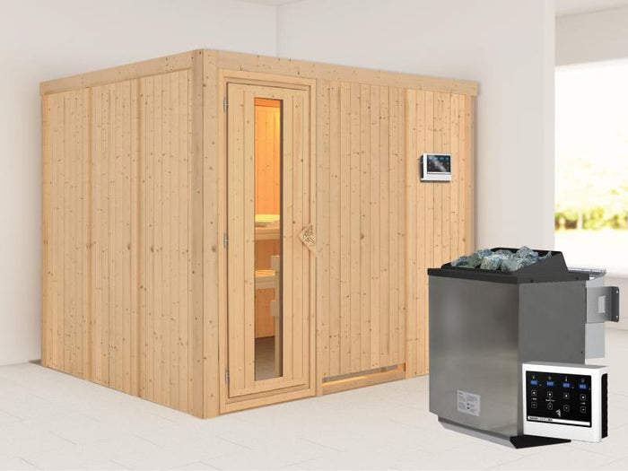 Karibu Sauna Gobin inkl. 9-kW-Bioofen mit externer Steuerung, ohne Dachkranz, mit energiesparender S