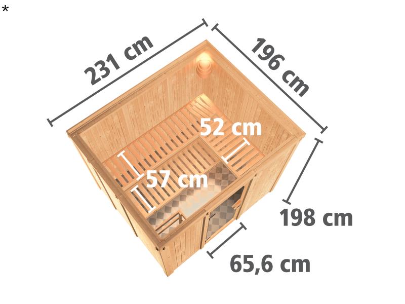 Karibu Sauna Gobin inkl. 9 kW Ofen mit ext. Steuerung, ohne Dachkranz, mit Klarglas Ganzglastür