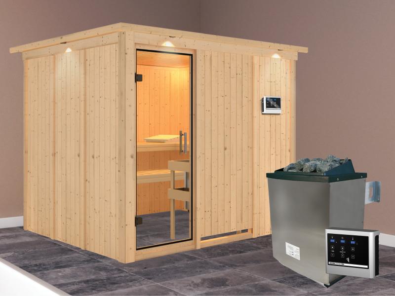 Karibu Sauna Gobin inkl. 9 kW Ofen mit ext. Steuerung, mit Dachkranz, mit Klarglas Ganzglastür