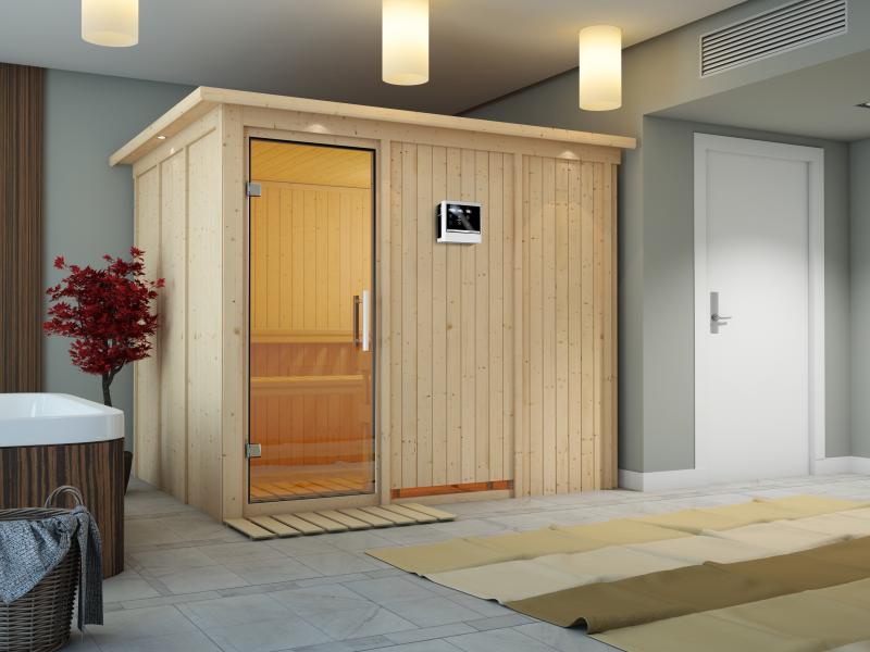 Karibu Sauna Gobin inkl. 9 kW Ofen mit ext. Steuerung, mit Dachkranz, mit Klarglas Ganzglastür