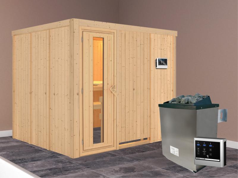Karibu Sauna Gobin inkl. 9-kW-Ofen mit externer Steuerung, ohne Dachkranz, mit energiesparender Saun
