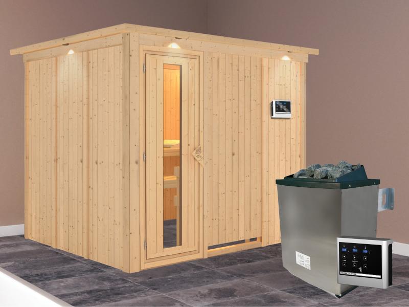 Karibu Sauna Gobin inkl. 9-kW-Ofen mit externer Steuerung, mit Dachkranz, mit energiesparender Sauna