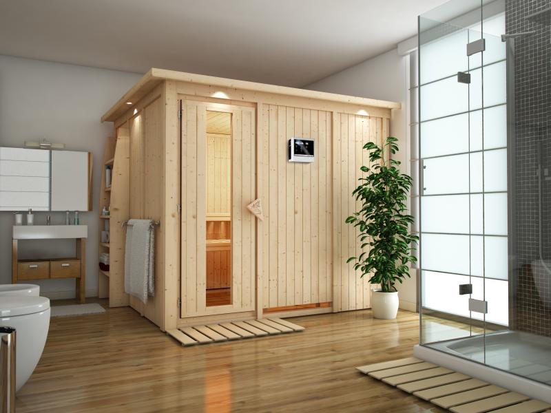 Karibu Sauna Gobin inkl. 9-kW-Ofen mit externer Steuerung, mit Dachkranz, mit energiesparender Sauna
