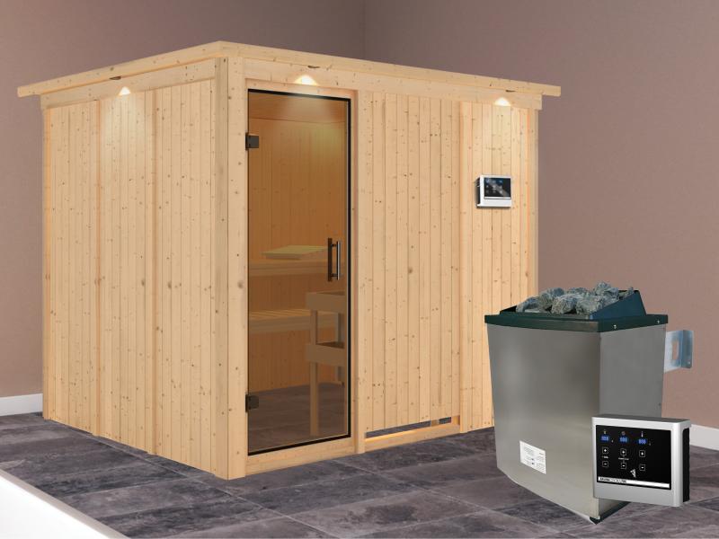 Karibu Sauna Gobin inkl. 9-kW-Ofen mit externer Steuerung, mit Dachkranz, mit moderner Saunatür