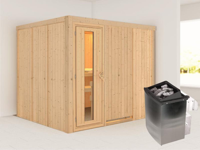Karibu Sauna Gobin inkl. 9-kW-Ofen mit interner Steuerung, ohne Dachkranz, mit energiesparender Saun
