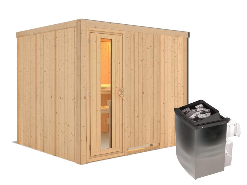 Karibu Sauna Gobin inkl. 9-kW-Ofen mit interner Steuerung, ohne Dachkranz, mit energiesparender Saun