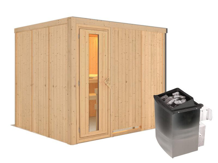 Karibu Sauna Gobin inkl. 9-kW-Ofen mit interner Steuerung, ohne Dachkranz, mit energiesparender Saun