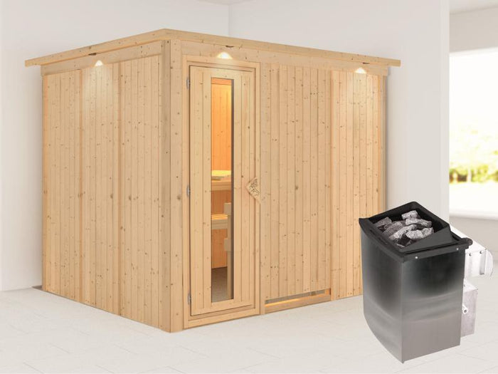Karibu Sauna Gobin inkl. 9-kW-Ofen mit interner Steuerung, mit Dachkranz, mit energiesparender Sauna