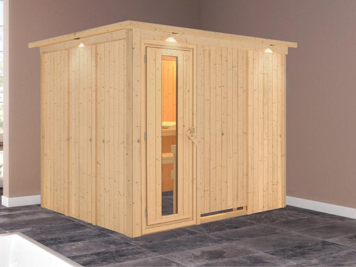 Karibu Sauna Gobin ohne Ofen, mit Dachkranz, mit energiesparender Saunatür