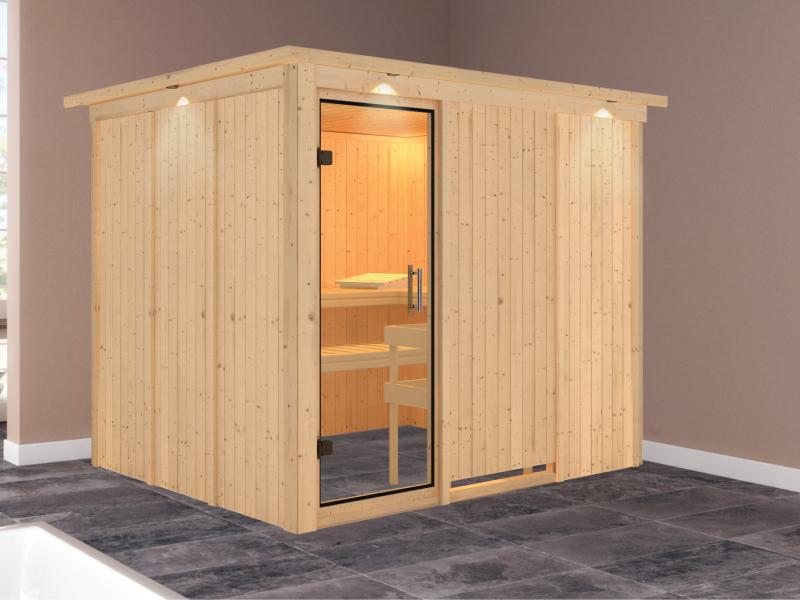 Karibu Sauna Gobin ohne Ofen, mit Dachkranz, mit Klarglas Ganzglastür