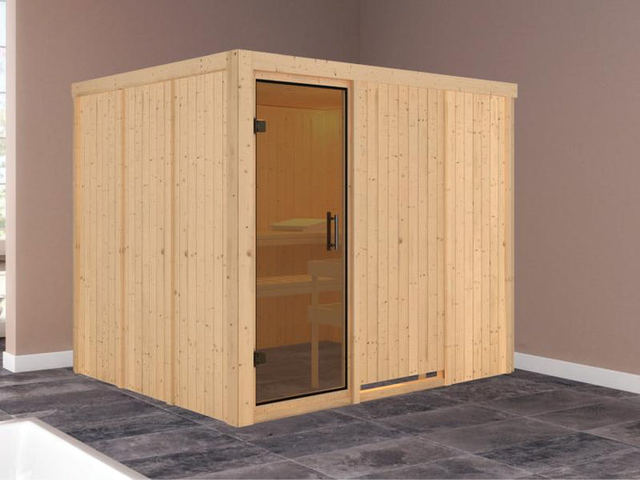 Karibu Sauna Gobin ohne Ofen, ohne Dachkranz, mit moderner Saunatür
