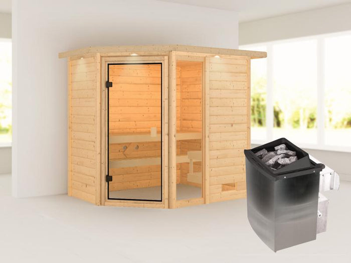 Karibu Sauna Jada mit 9 kW Ofen integr. Strg und Dachkranz 38 mm