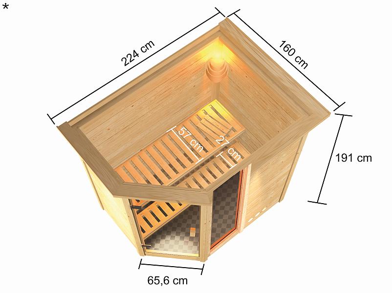 Karibu Sauna Jada mit 9 kW Ofen integr. Strg und Dachkranz 38 mm