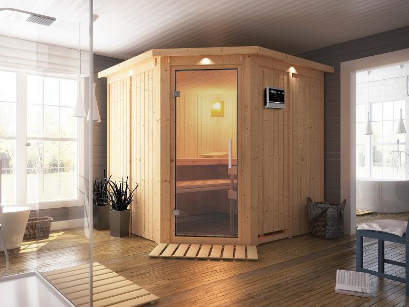 Karibu Sauna Jarin inkl. 9 kW Bio Ofen mit ext. Steuerung, mit Dachkranz, mit Ganzglas Klarglastür