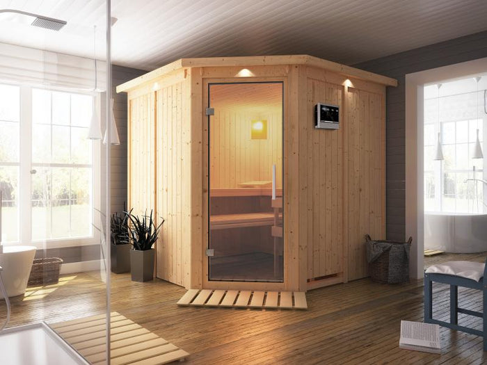 Karibu Sauna Jarin inkl. 9 kW Bio Ofen mit ext. Steuerung, mit Dachkranz, mit Ganzglas Klarglastür