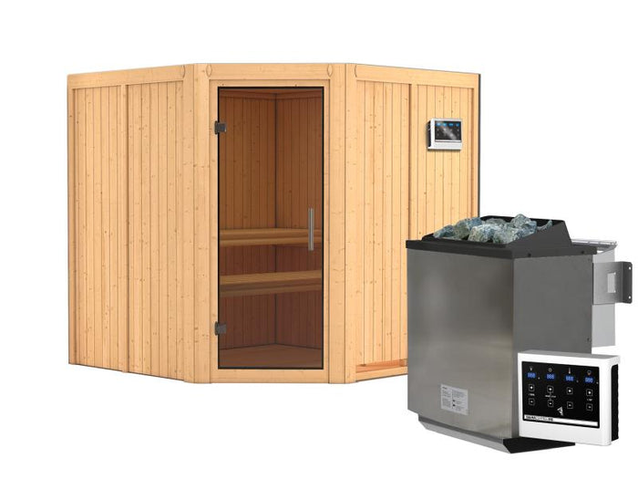 Karibu Sauna Jarin inkl. 9-kW-Bioofen mit externer Steuerung, ohne Dachkranz, mit moderner Saunatür