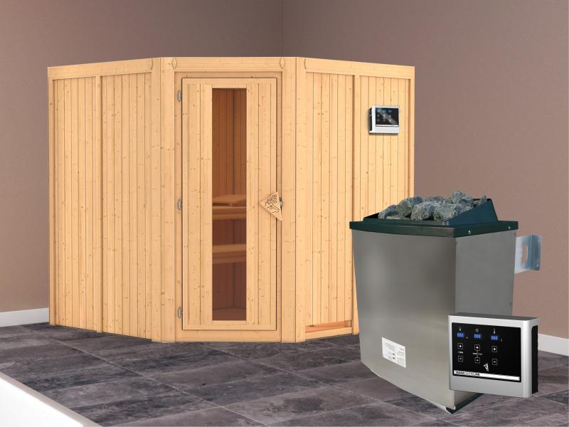 Karibu Sauna Jarin inkl. 9-kW-Ofen mit externer Steuerung, ohne Dachkranz, mit energiesparender Saun