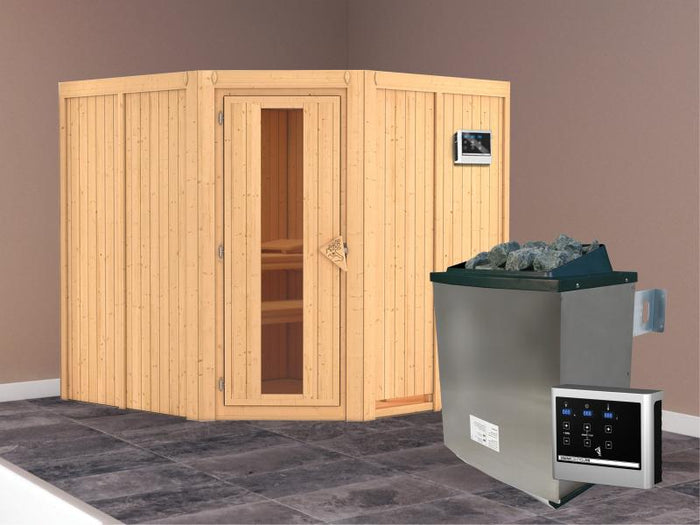 Karibu Sauna Jarin inkl. 9-kW-Ofen mit externer Steuerung, ohne Dachkranz, mit energiesparender Saun