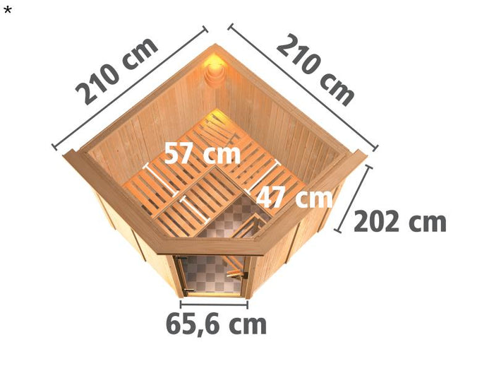 Karibu Sauna Jarin inkl. 9-kW-Ofen mit externer Steuerung, mit Dachkranz, mit energiesparender Sauna