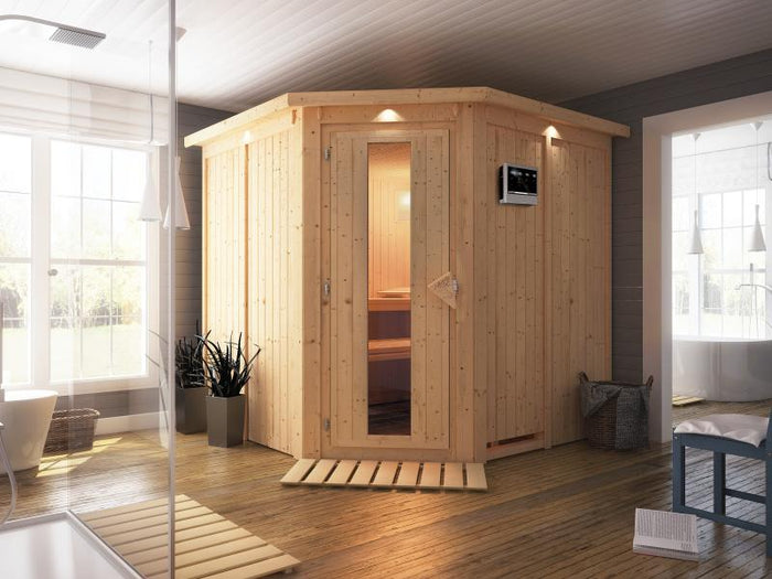 Karibu Sauna Jarin inkl. 9-kW-Ofen mit externer Steuerung, mit Dachkranz, mit energiesparender Sauna
