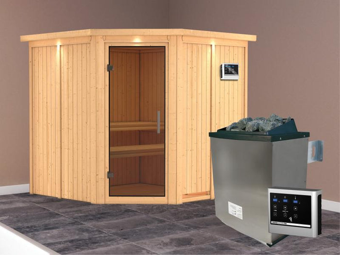 Karibu Sauna Jarin inkl. 9-kW-Ofen mit externer Steuerung, mit Dachkranz, mit moderner Saunatür