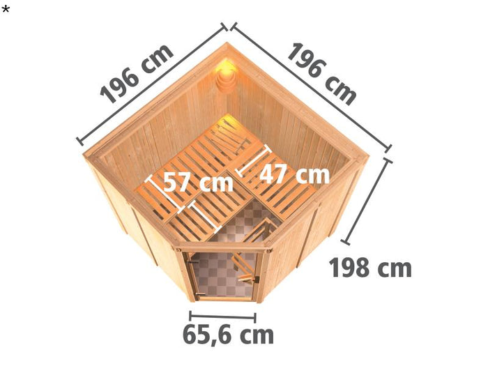Karibu Sauna Jarin inkl. 9 kW Ofen mit int. Steuerung, ohne Dachkranz, mit Ganzglas Klarglastür