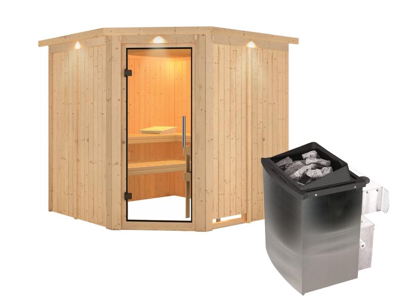 Karibu Sauna Jarin inkl. 9 kW Ofen mit int. Steuerung, mit Dachkranz, mit Ganzglas Klarglastür