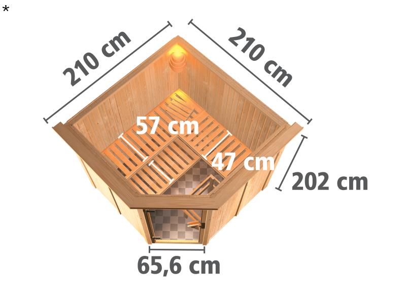 Karibu Sauna Jarin inkl. 9 kW Ofen mit int. Steuerung, mit Dachkranz, mit Ganzglas Klarglastür