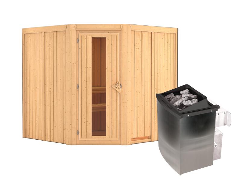 Karibu Sauna Jarin inkl. 9-kW-Ofen mit interner Steuerung, ohne Dachkranz, mit energiesparender Saun