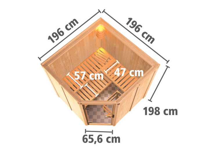Karibu Sauna Jarin inkl. 9-kW-Ofen mit interner Steuerung, ohne Dachkranz, mit energiesparender Saun