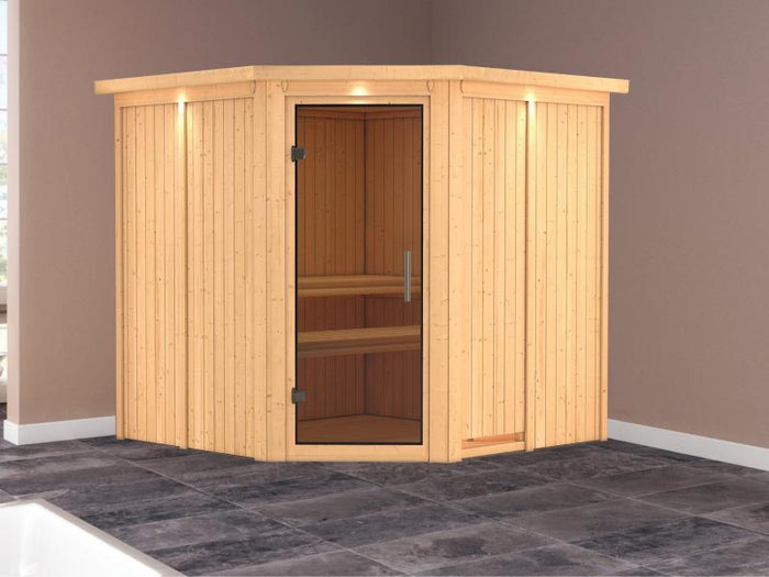 Karibu Sauna Jarin ohne Ofen, mit Dachkranz, mit moderner Saunatür