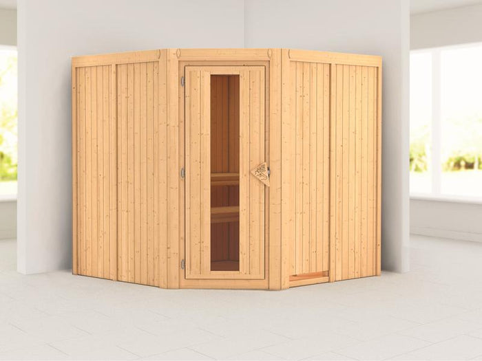 Karibu Sauna Jarin ohne Ofen, ohne Dachkranz, mit energiesparender Saunatür