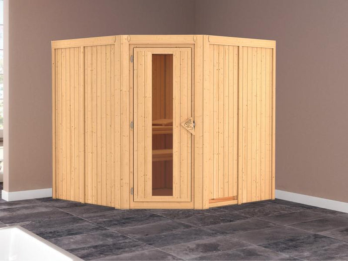 Karibu Sauna Jarin ohne Ofen, ohne Dachkranz, mit energiesparender Saunatür