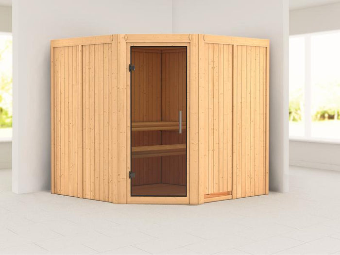 Karibu Sauna Jarin ohne Ofen, ohne Dachkranz, mit moderner Saunatür