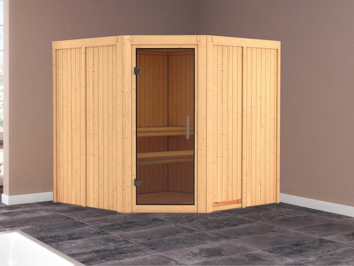 Karibu Sauna Jarin ohne Ofen, ohne Dachkranz, mit moderner Saunatür