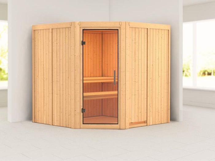 Karibu Sauna Jarin ohne Ofen, ohne Dachkranz, mit Ganzglas Klarglastür