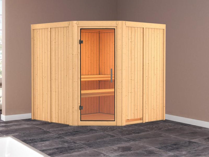 Karibu Sauna Jarin ohne Ofen, ohne Dachkranz, mit Ganzglas Klarglastür