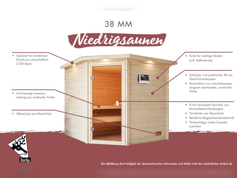 Karibu Sauna Jella inkl. 9 kW Ofen integr. Steuerung mit klassischer Saunatür -ohne Dachkranz-