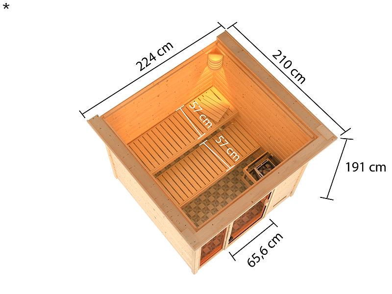Karibu Sauna Jutta mit 9 kW Bioofen ext. Strg und Dachkranz 38 mm