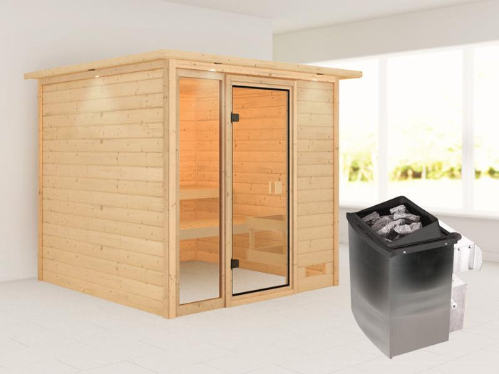 Karibu Sauna Jutta mit 9 kW Ofen integr. Strg und Dachkranz 38 mm