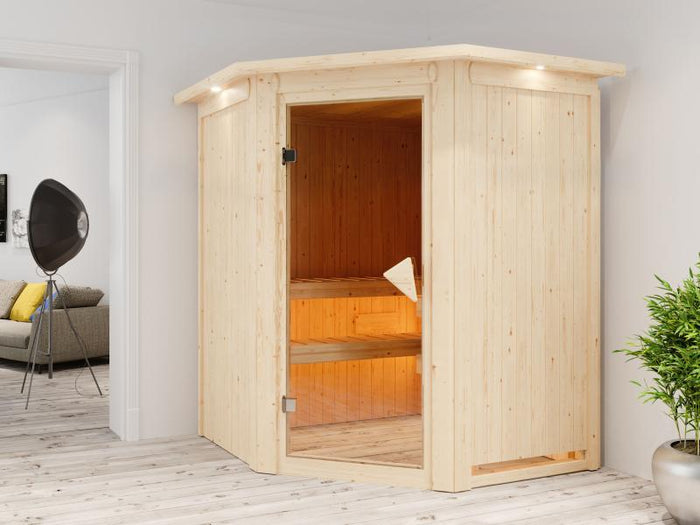 Karibu Sauna Larin inkl. 9 kW Bioofen externe Steuerung mit bronzierter Ganzglastür - mit Dachkranz