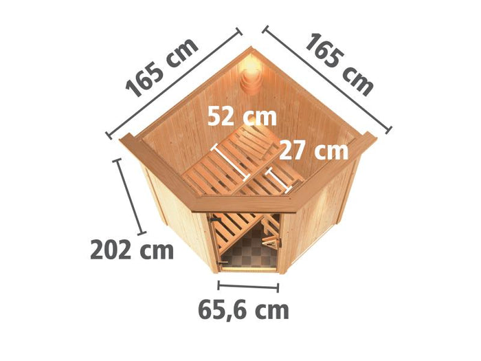 Karibu Sauna Larin inkl. 9 kW Bioofen externe Steuerung mit bronzierter Ganzglastür - mit Dachkranz